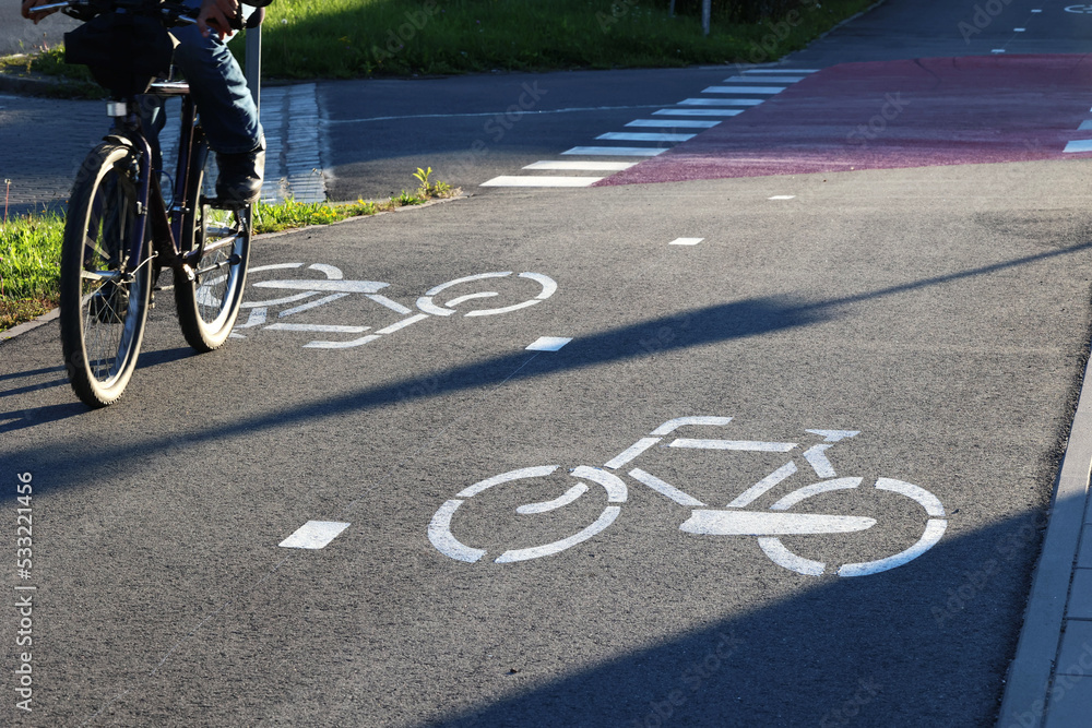 Ścieżka dla rowerów w mieście ze znakami poziomymi.  Rower.  - obrazy, fototapety, plakaty 