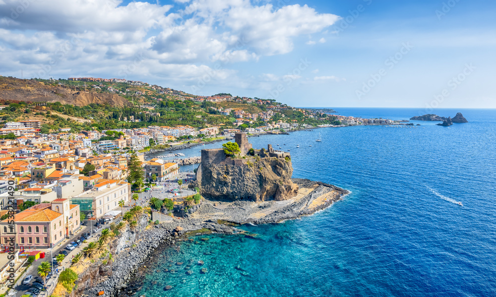 Landscape with aerial view of Aci Castello, Sicily island, Italy