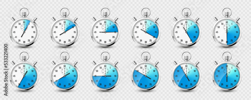 Realistic classic stopwatch icons. Shiny metal chronometer, time counter with dial. Blue countdown timer showing minutes and seconds. Time measurement for sport, start and finish. Vector illustration