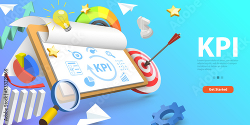 3D Vector Conceptual Illustration of Key Performance Indicators, KPI Metrics Analysis