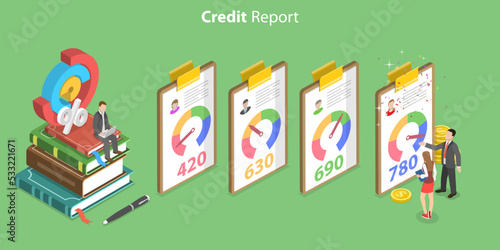 3D Isometric Flat Vector Conceptual Illustration of Improving Credit Score Rating, Client Financial Information