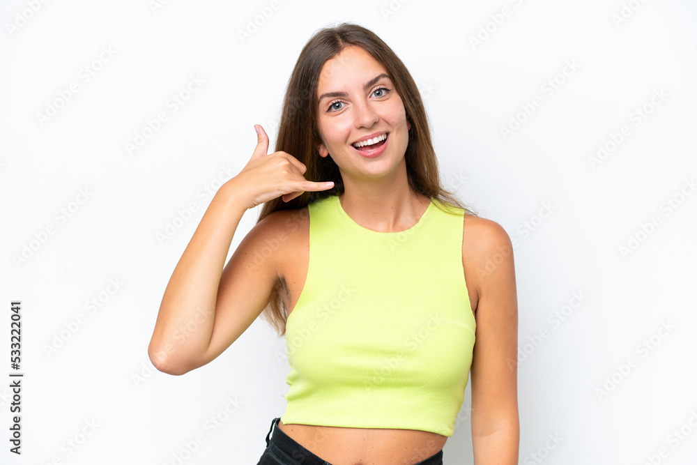 Young caucasian woman isolated on white background making phone gesture. Call me back sign Young caucasian woman isolated on white background making phone gesture. Call me back sign