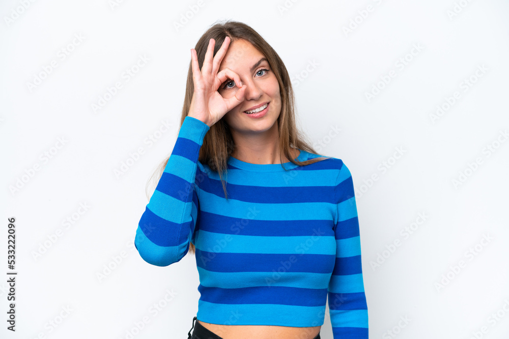 Young caucasian woman isolated on white background showing ok sign with fingers Young caucasian woman isolated on white background showing ok sign with fingers