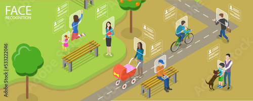 3D Isometric Flat Vector Conceptual Illustration of Face Recognition Technology, Verification and Surveillance System