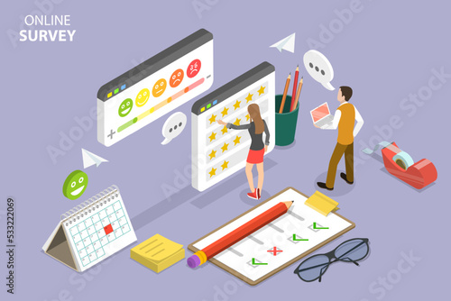 3D Isometric Flat Vector Conceptual Illustration of Online Survey, Customer Feedback, Digital Voting