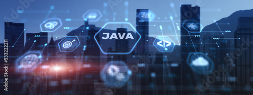 Java programming language application concept on city background