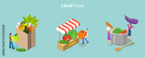 3D Isometric Flat Vector Conceptual Illustration of Local Food, Fresh Organic Fruites and Vegetables
