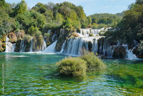 waterfall krka  national park in Croatia. green  blue water in lake and rivers  falling water from rocks on summer. Touristic