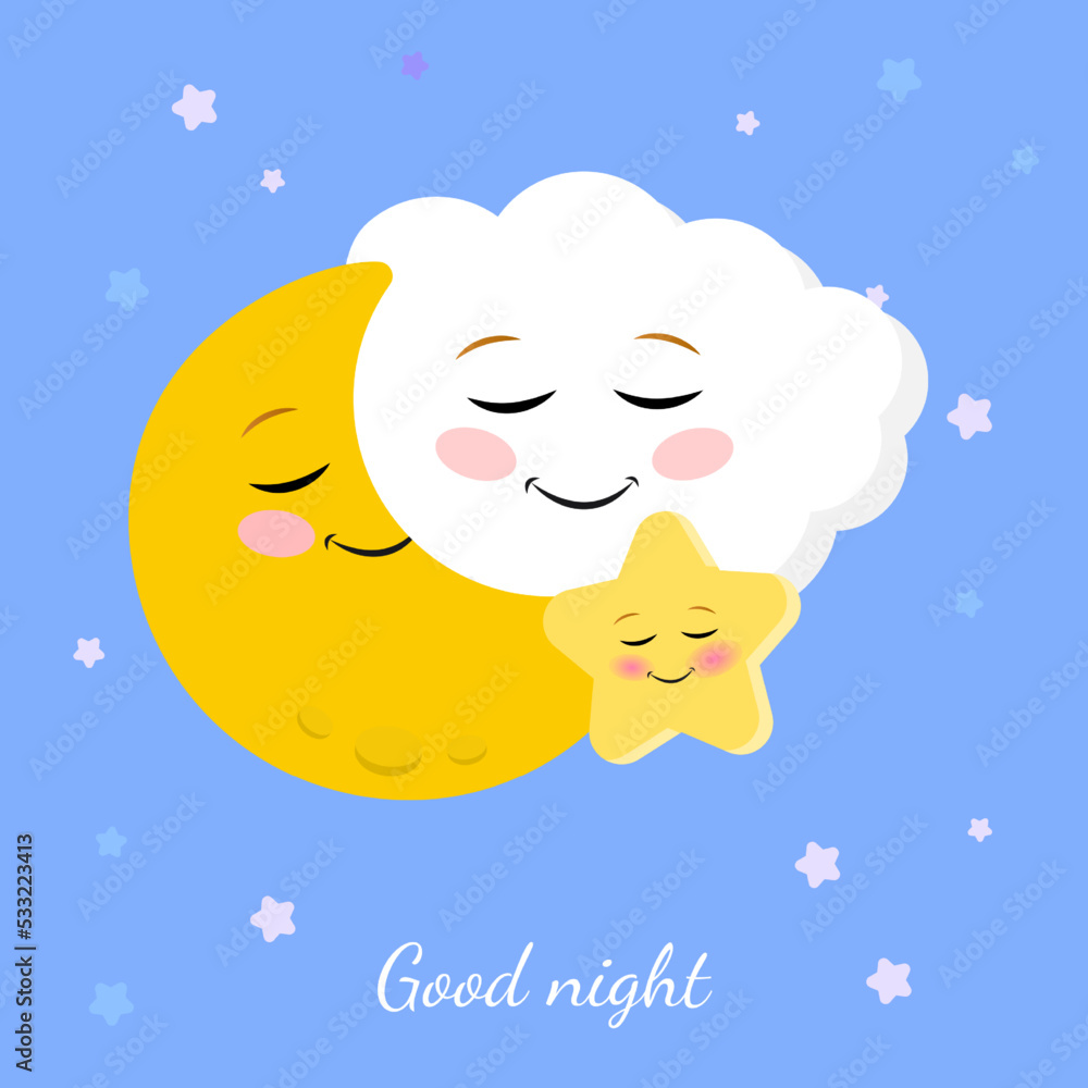 Vector illustration of cute sleeping cloud, moon and star. Scandinavian nursery print design. Vector illustration of cute sleeping cloud, moon and star. Scandinavian nursery print design.