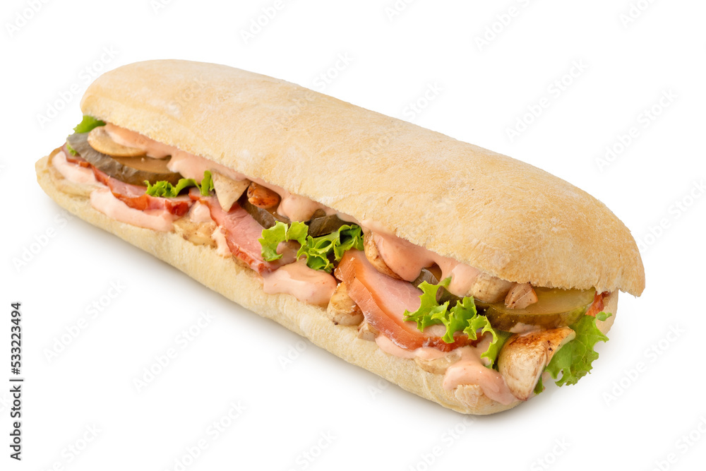 Big Ciabatta Sandwich with Bacon, Lettuce, Tomato and Sauces isolated on white background Big Ciabatta Sandwich with Bacon, Lettuce, Tomato and Sauces isolated on white background