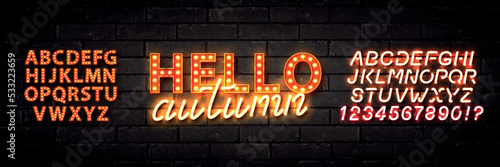 Vector realistic isolated neon sign of Hello Autumn logo with easy to change color alphabet font on the wall background.