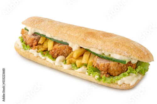 Big Ciabatta Sandwich. Panini with chicken, Lettuce and Sauces isolated on white background