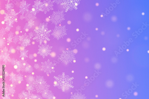 Light purple, pink pattern with Christmas snowflakes. Blurry decorative design in Christmas style with snow.