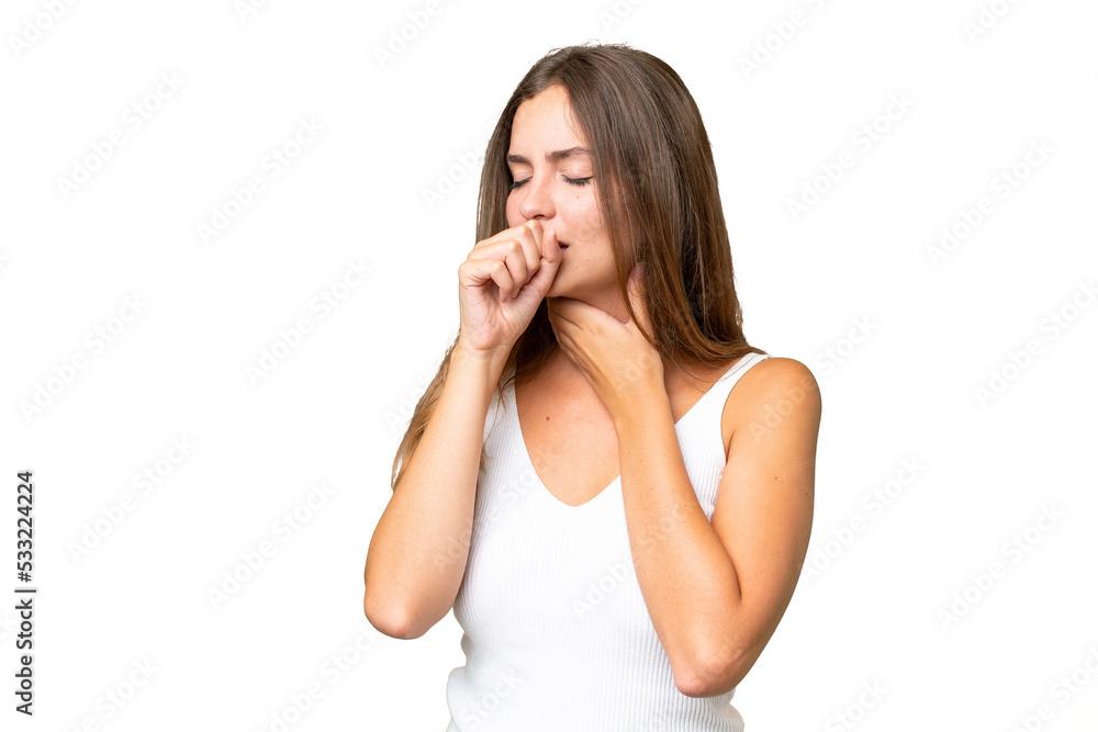 Young pretty woman over isolated background coughing a lot Young pretty woman over isolated background coughing a lot
