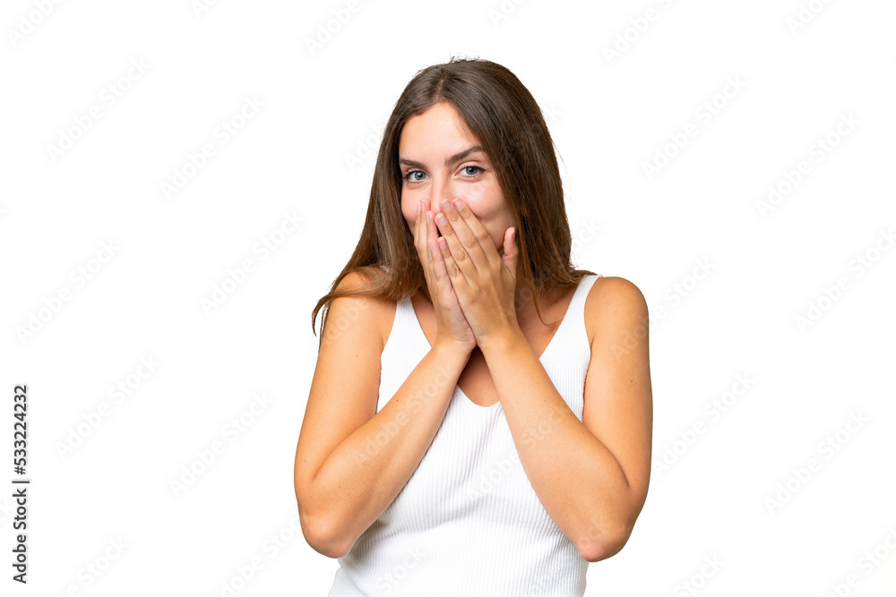 Young pretty woman over isolated background happy and smiling covering mouth with hands Young pretty woman over isolated background happy and smiling covering mouth with hands