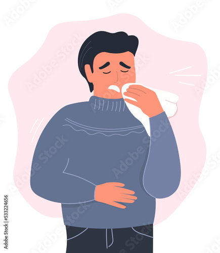 The guy sneezes into a handkerchief. The man fell ill with a cold, a virus, a runny nose. Vector graphics.