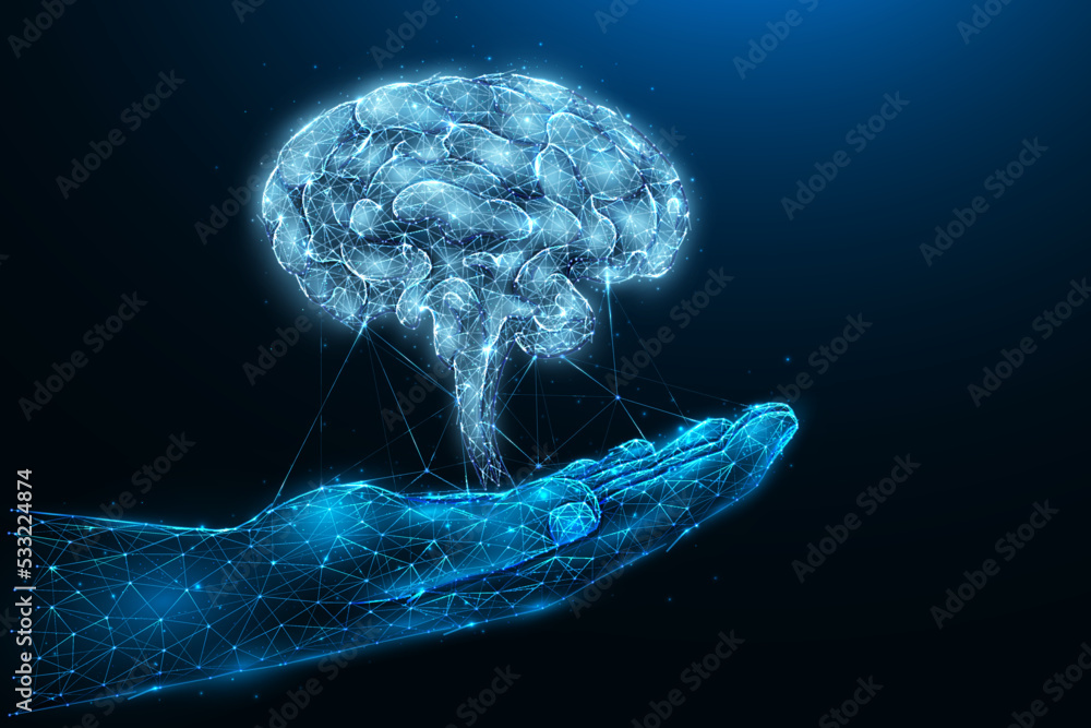 Polygonal vector illustration of a human brain on the palm of a hand ...