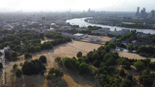 Scenic Drone Aerial Footage of London, including Canary Wharf, Isle of Dogs, University of Greenwich, Queen's House, Greenwich Park and Royal Observatory
 photo