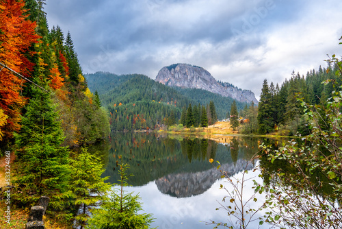 Red Lake and Suhard Peak at fall, Transylvania, Romania photo
