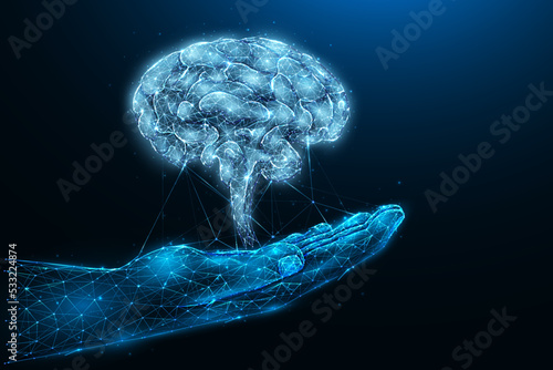 Polygonal vector illustration of a human brain on the palm of a hand. Imagination, inspiration, knowledge or thinking concept art. Nervous system medical banner, template or background.