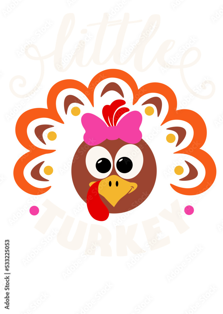Little turkey svg sign. Thanksgiving decor. Turkey face Pink bow clip art. Isolated transparent background. 