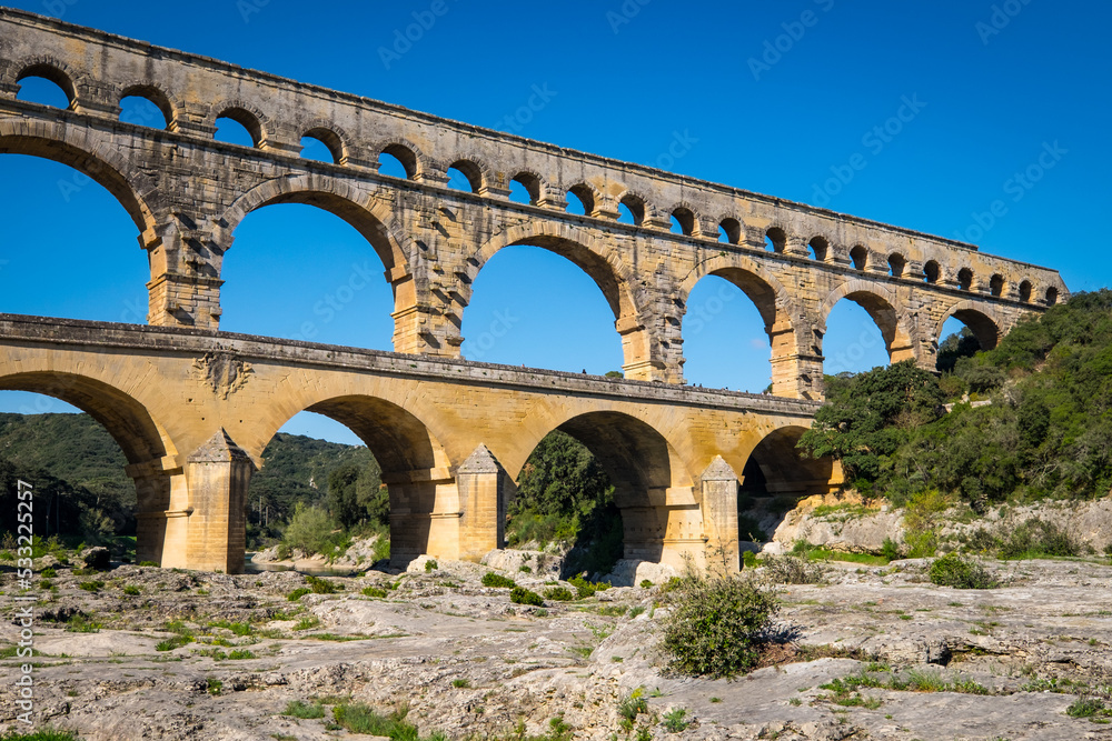 Roman aqueduct Pont du Gard and natural park in Languedoc, France