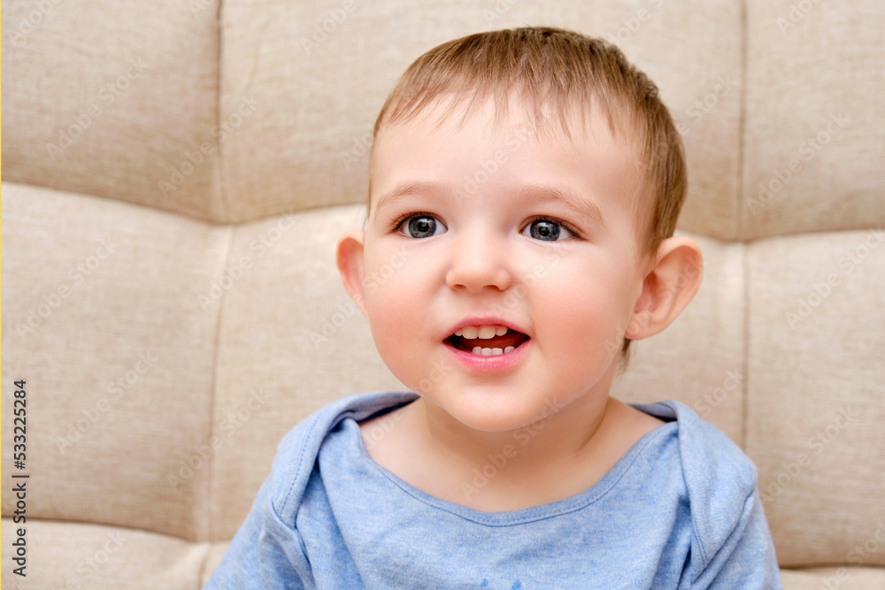 Happy toddler baby boy, sofa background in home living room. Portrait of a cute smiling child, close-up. Kid aged one year and two months