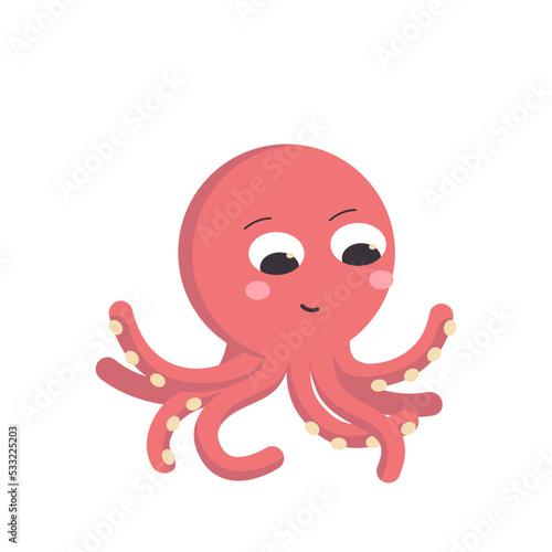 Cartoon minimalistic character, red octopus smiling with outstretched tentacles. Colored vector flat illustration isolated on white background.