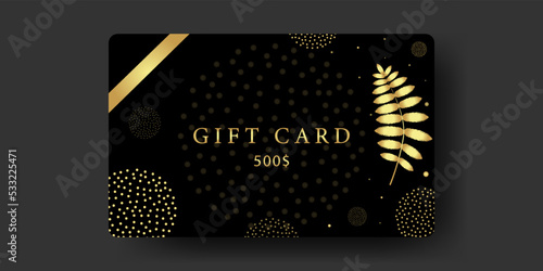 Exclusive gift card 500$ template. Black and gold. Branch plant, fireworks, ribbon, text. Vector illustration for vip voucher, coupon, discount, certificate.