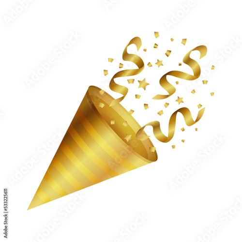 Gold party popper with confetti on white background	