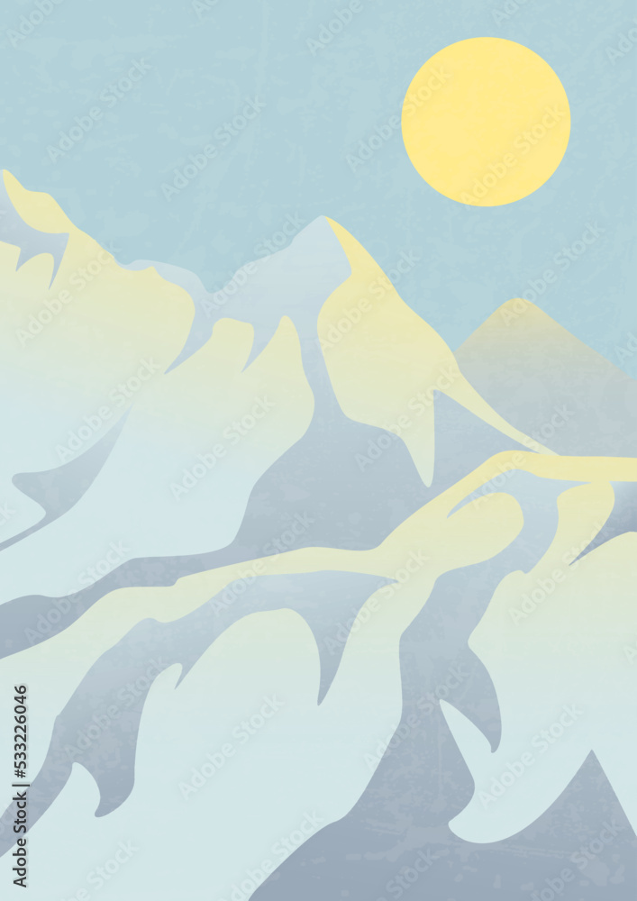 Obraz premium Mountain landscape with peaks and sun illustration poster.