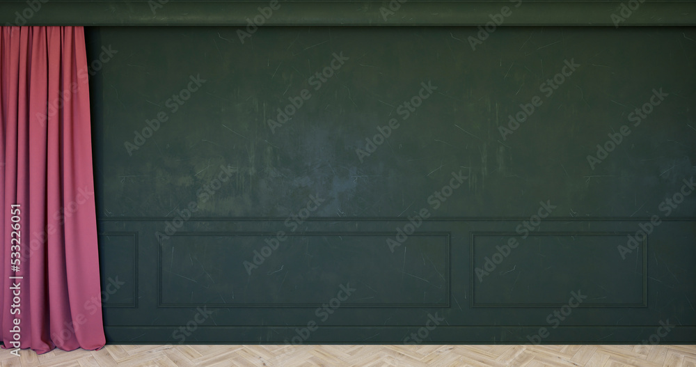 Klasyczne wnętrze z zielonym panelem ściennym, listwami i czielnoą ścianą. 3d render ilustracja mockup - obrazy, fototapety, plakaty 