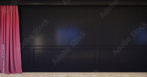 Klasyczne wnętrze z czarnym panelem ściennym, listwami i czarną ścianą. 3d render ilustracja mockup