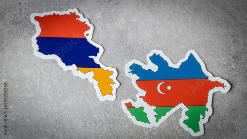 Flags of Armenia and Azerbaijan, The current contours of the countries on a gray background, The concept of tense relations and border conflict