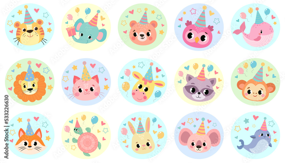 set of stickers with funny animals. stickers for children's birthday. emblem for the design of the nursery