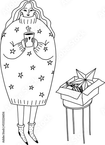 Cartoon doodle girl with a cup of tea is preparing for Christmas. Vector illustration of a young woman in warm clothes and socks isolated. Sketch stool with an open box of Christmas toys.