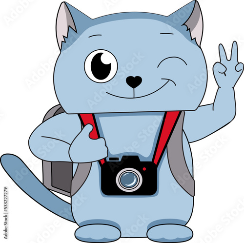 A cartoon blue cat with a camera around his neck