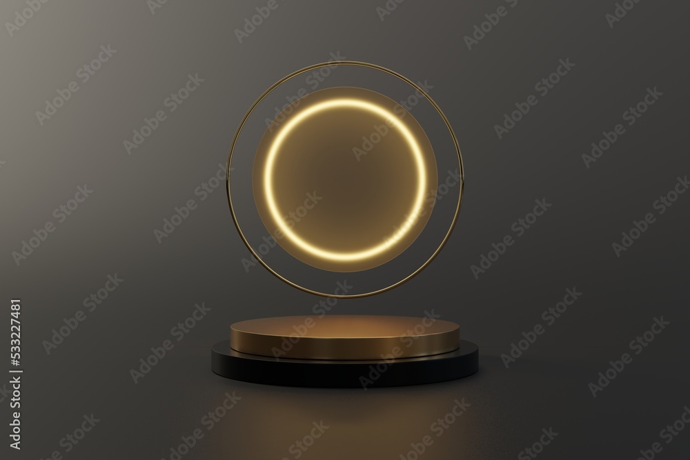 3D rendering Mock up gold podium for product presentation,Gold background curved elements . Stand 3d render in cloud product platform display to show cosmetic products. Stage showcase 3D rendering Mock up gold podium for product presentation,Gold background curved elements . Stand 3d render in cloud product platform display to show cosmetic products. Stage showcase