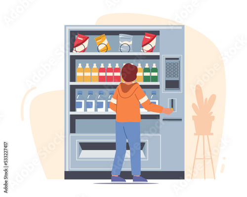 Boy Put Coin For Buying Snack Or Drink In School Cafeteria. Vending Machine Food, Automate Retail Technology