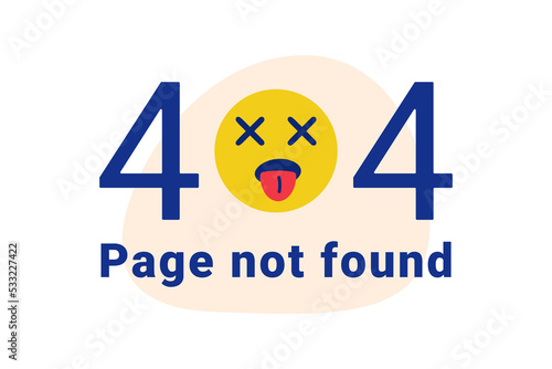 404 page of the site with the text Page not found. A stunned emoji sticking out a tongue. Vector illustration