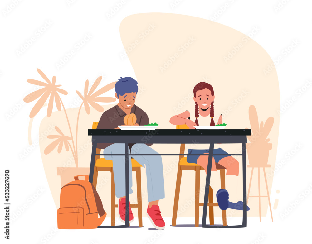 School Cafeteria Canteen Interior With Schoolchildren Sitting At Tables and Eating Food In Dining Hall After Classes School Cafeteria Canteen Interior With Schoolchildren Sitting At Tables and Eating Food In Dining Hall After Classes