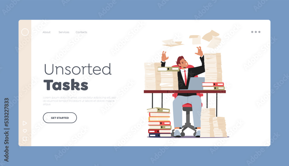 Unsorted Tasks Landing Page Template. Tired And Exasperated Office Worker Sitting at Desk with Document Piles in Office