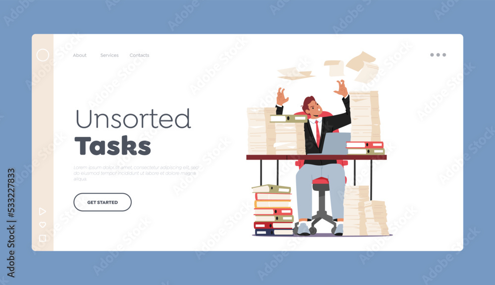 Unsorted Tasks Landing Page Template. Tired And Exasperated Office Worker Sitting at Desk with Document Piles in Office Unsorted Tasks Landing Page Template. Tired And Exasperated Office Worker Sitting at Desk with Document Piles in Office