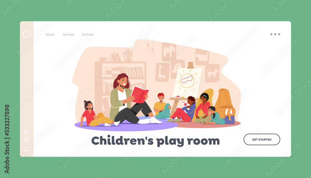 Children in Play Room Landing Page Template. Smiling Teacher Reading to Kids. Woman Tutor Read In Nursery, Babysitter Children in Play Room Landing Page Template. Smiling Teacher Reading to Kids. Woman Tutor Read In Nursery, Babysitter