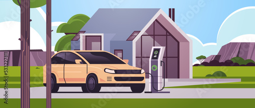electric sustainable transport charging parking at the charger station with a plug in cable electrified transportation