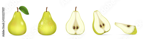 Realistic green pear whole, halves and sliced fruit. Organic food. Fresh sweet fruit