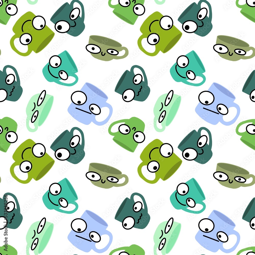Fototapeta premium Doodle cartoon seamless tea coffee cups pattern for menu and kids clothes print and wrapping and kitchen and fabrics