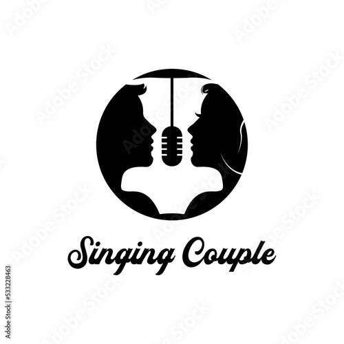 couple singing karaoke microphone logo vector