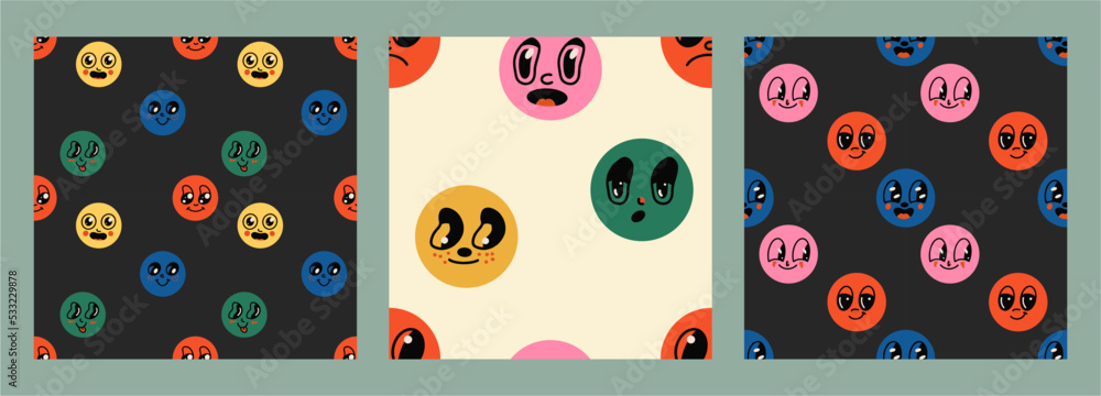 Hand drawn abstract shapes, pattern set. Funny cute comic characters, seamless pattern, ornament. Cartoon style. Flat design. Vector illustration.