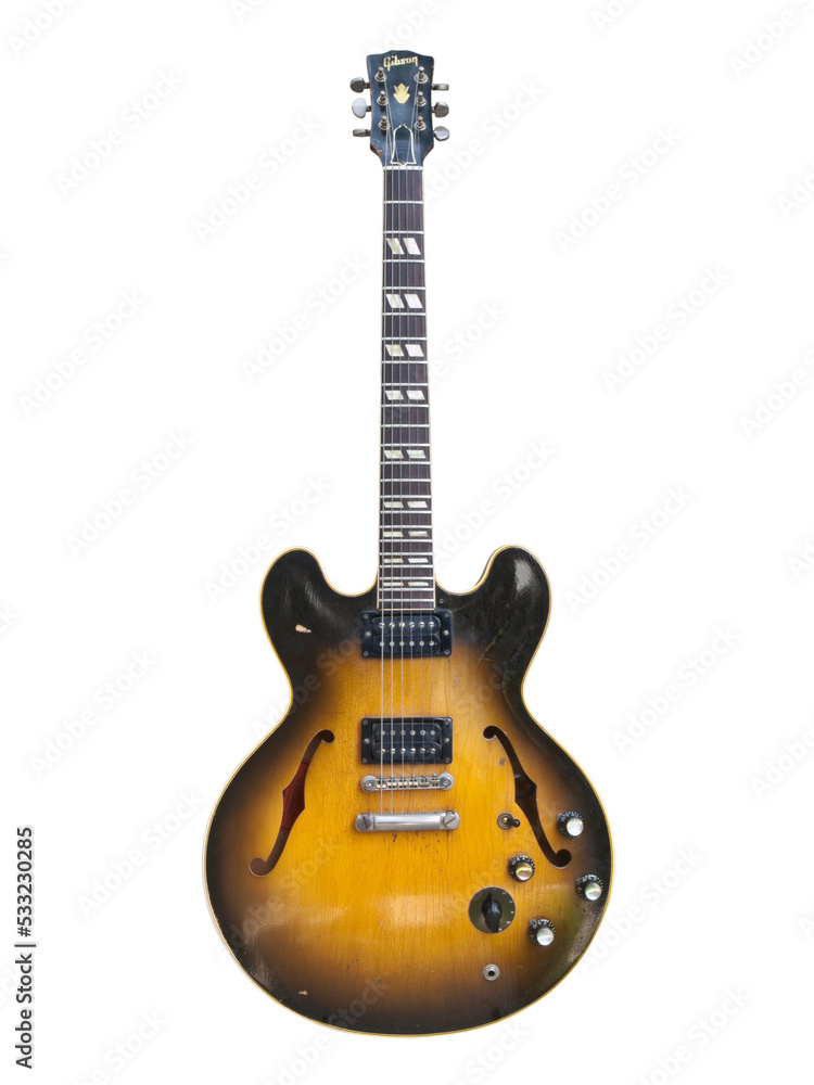 Illustrative editorial isolated photo of a vintage 1959 Gibson ES 335  hollow body electric guitar on July 26, 2009 in Los Angeles, California,  USA. Photos | Adobe Stock